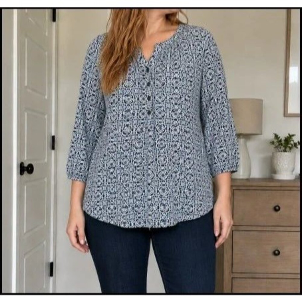 Croft & Barrow XL Blue Teal Medallion Print 3/4 Sleeve Tunic Top